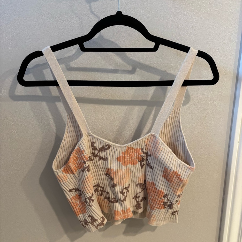 Free People Cream Ribbed Floral Cropped Camisole with Orange & Brown Flowers - Picture 5 of 5
